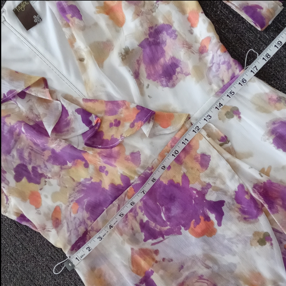 💜Taylor💜 - Purple/Peach/Cream Floral Chiffon Ruffle L/S V-Neck Midi Dress - Picture 15 of 16